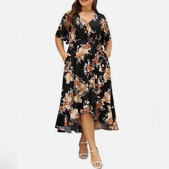 Keluummi Plus Size Black Gold Floral Print Short Sleeve Dress 20 - Picture 1 of 14